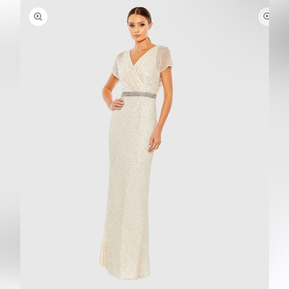 Mac Duggal Beaded Short Sleeve Column Gown Nude Silver Wedding Party 93678 Sz 8